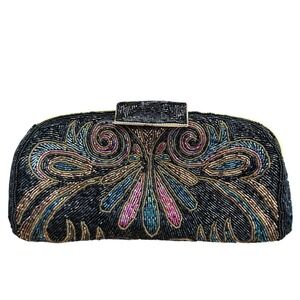 Regale Ltd Black‎ Beaded Clutch Evening Bag Gold Accents Chain Strap
